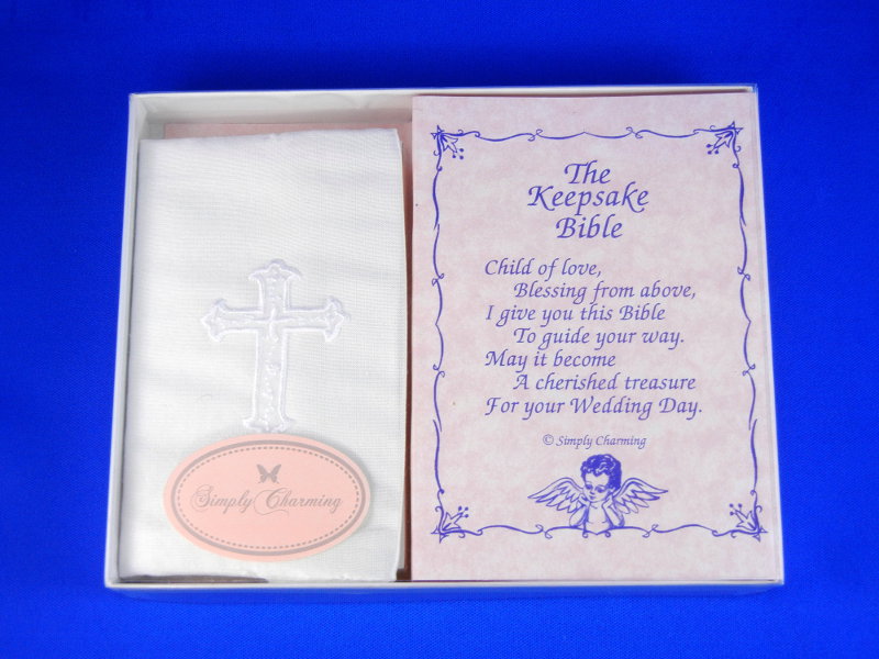 White Satin covered Keepsake Baby Bible with Cross
